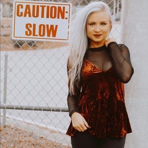 Velvet and mesh combo top